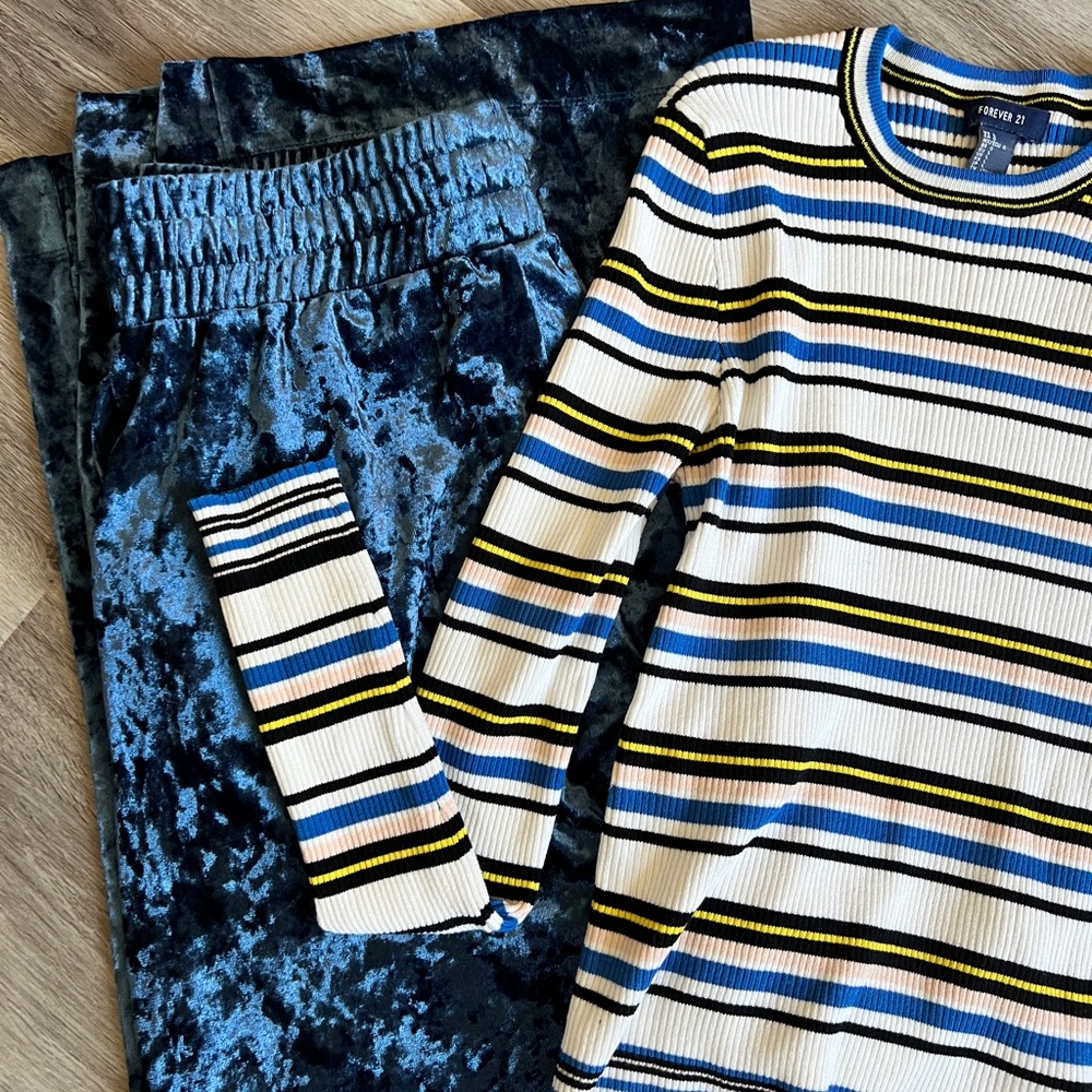Rib Stripe Sweater and Wideleg Velvet Pants